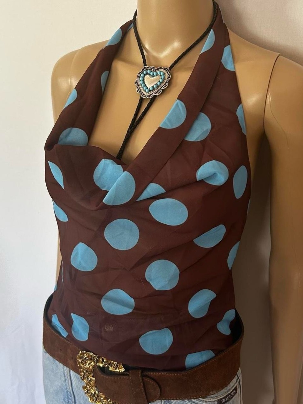 Brown Halter Top with Light Blue Polka Dots